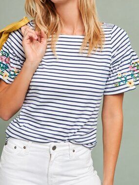Eri + Ali S Striped Floral Embroidered Sleeve Top Anthropologie Boho